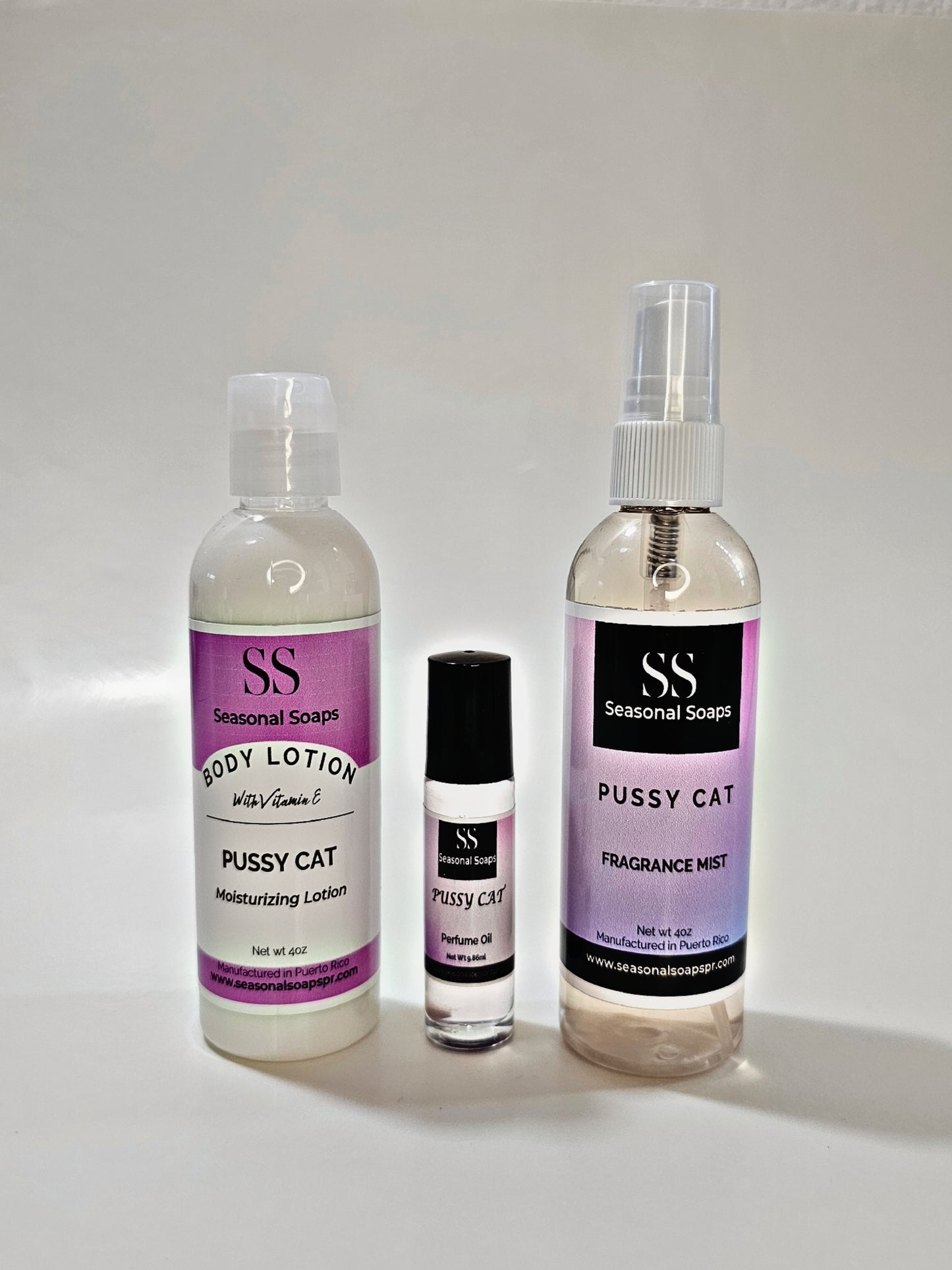 Pussy Cat kit 3 Piezas (Perfume en aceite, Fragrance mist grande 4oz y crema perfumada sin brillo)