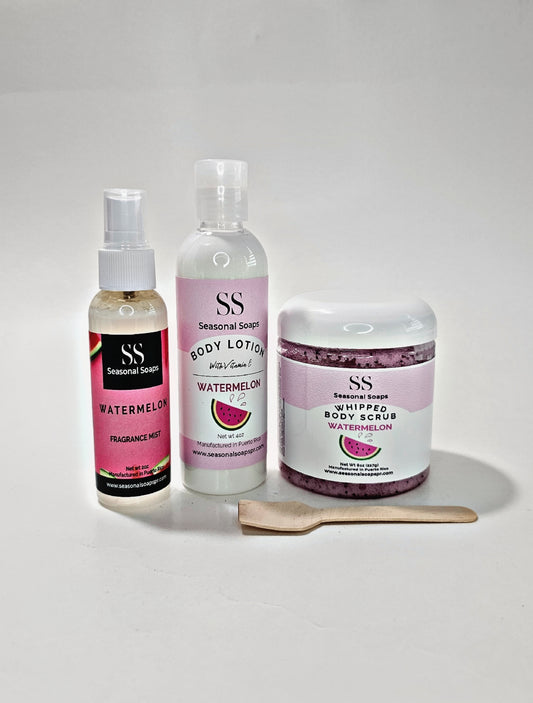 Kit Watermelon- frescura y cariño . Incluye el Fragrance Mist, la crema corporal y el Body scrub.
