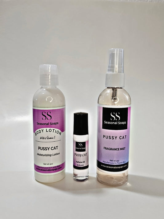 Pussy Cat kit 3 Piezas (Perfume en aceite, Fragrance mist grande 4oz y crema perfumada sin brillo)