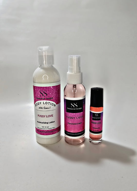 Pussy Love kit 3 pcs (Perfume en aceite, fragrance mist, crema perfumada) Feromonas Nuevo Exclusivo de Seasonal Soaps