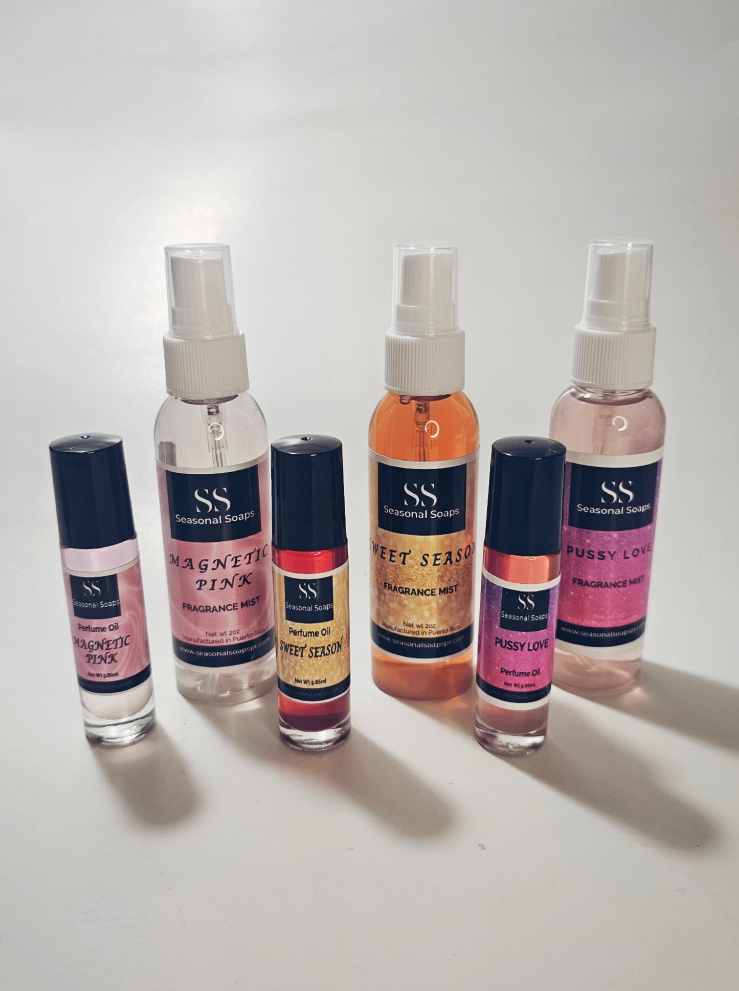 Kit de Feromonas 6 pcs exclusivo de Seasona Soaps Magnetic Pink, Sweet Season y Pussy Love (Incluye el perfume en aceite y el Body Splash)