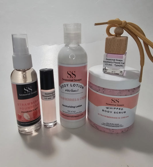 Strawberries and cream/ Strawberry Poundcake kit (Exfoliante natural en jabón batido, crema, perfume en aceite, body splash, difusor de auto)