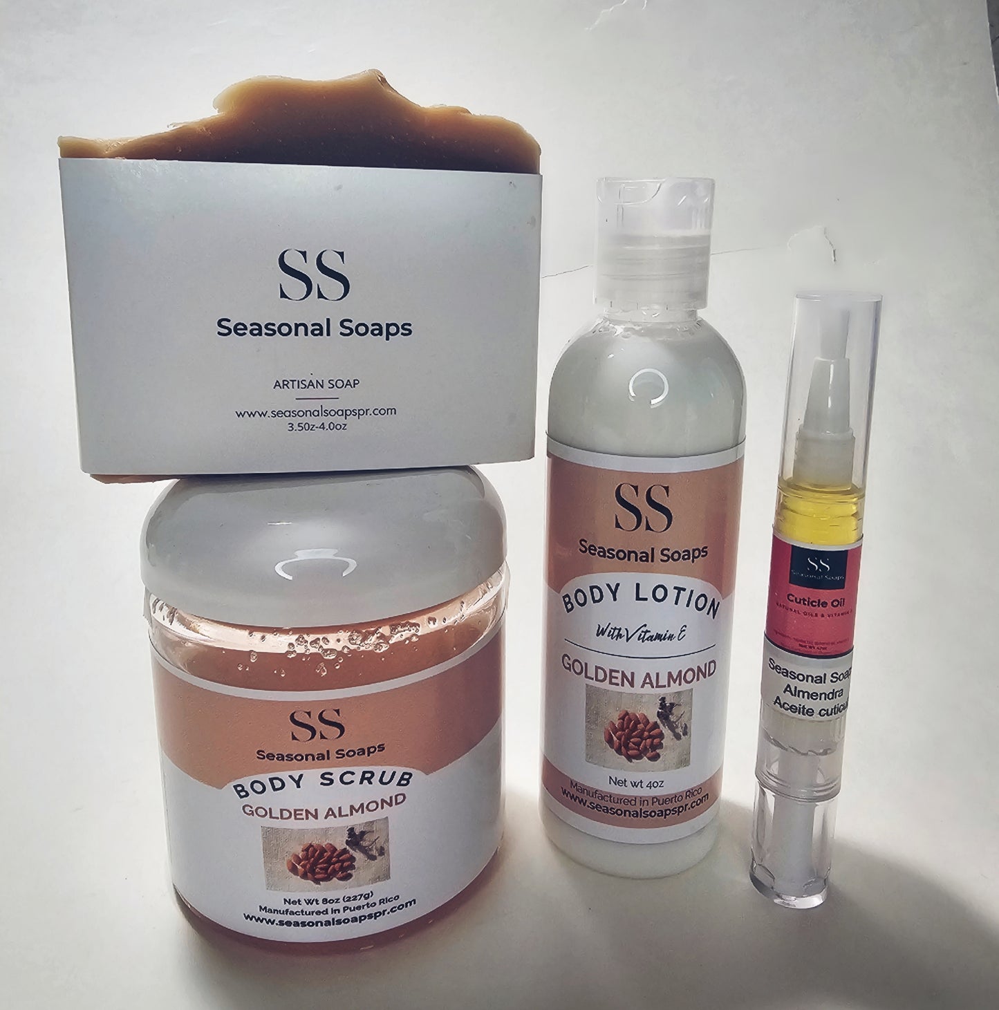 Golden Almond kit (jabón natural en barra, exfoliante en aceite de coco, crema, aceite de cutícula)