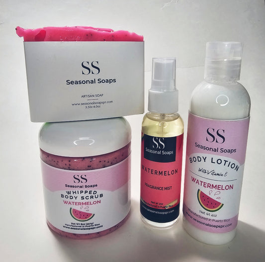 Watermelon kit (crema, body splash, exfoliante en jabón batido, jabón en barra)