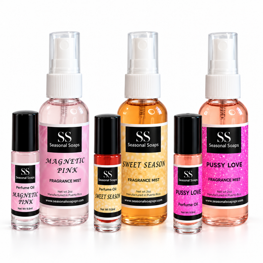 Kit de Feromonas 6 pcs exclusivo de Seasona Soaps Magnetic Pink, Sweet Season y Pussy Love (Incluye el perfume en aceite y el Body Splash)