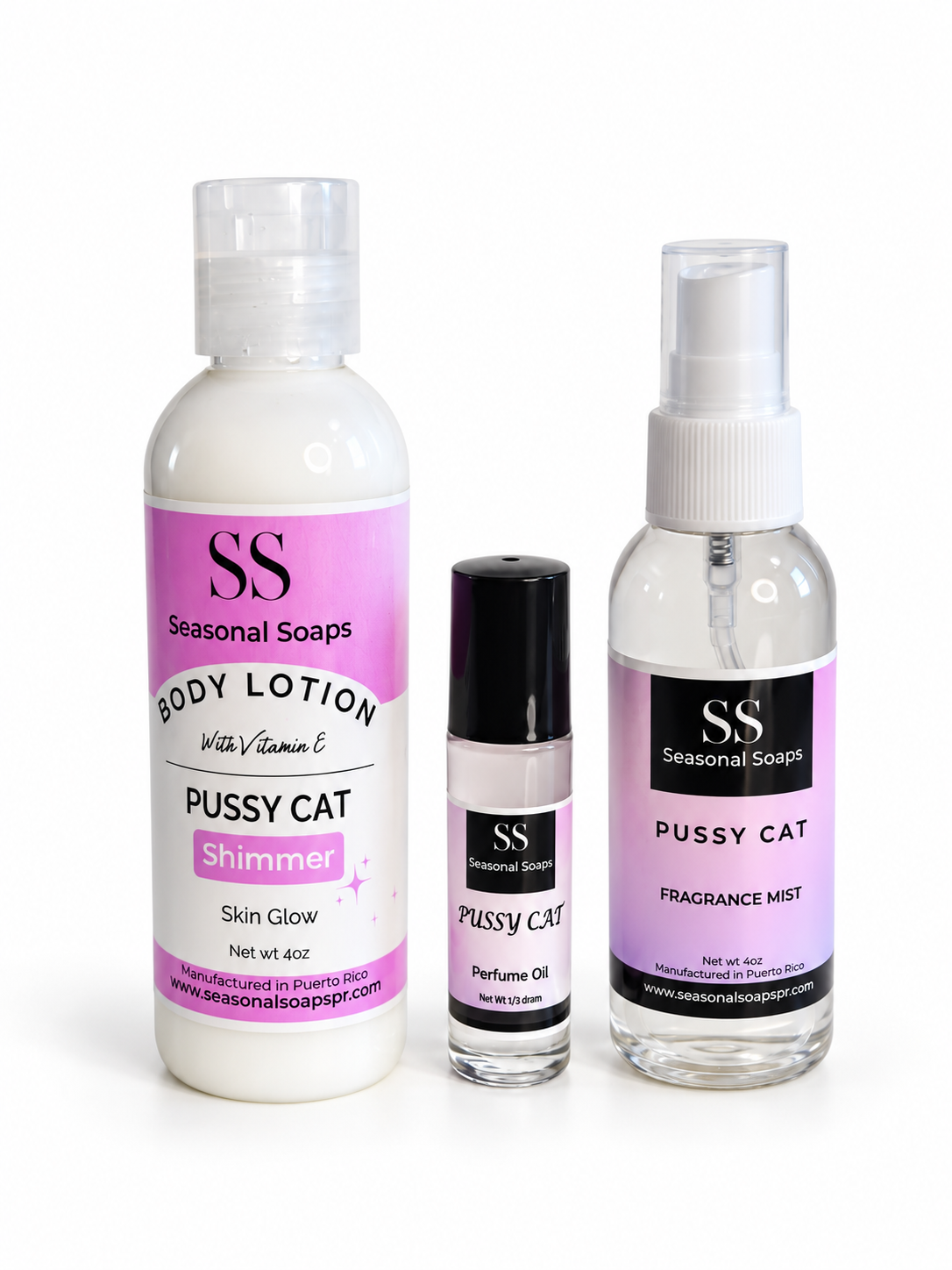 Pussy Cat  Kit 3pcs women  (Feromonas)Perfume en aceite, Body Splash y crema perfumada