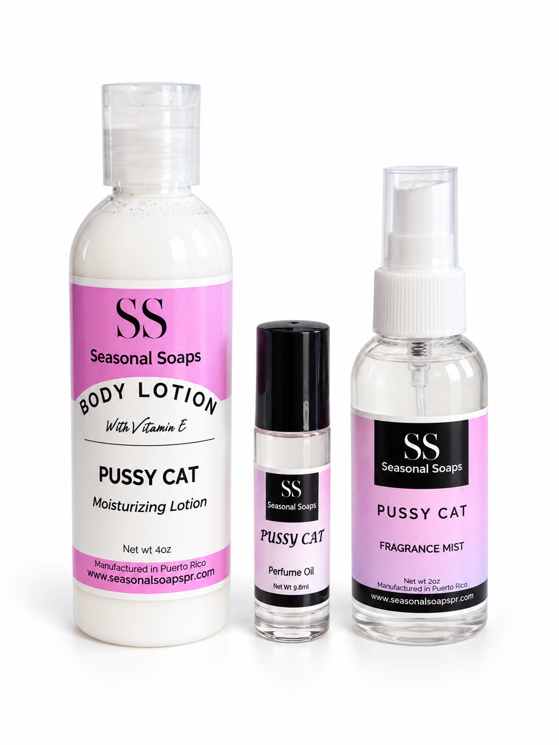 Pussy Cat  Kit 3pcs women  (Feromonas)Perfume en aceite, Body Splash y crema perfumada