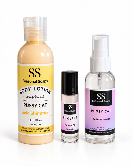Pussy Cat  Kit 3pcs women  (Feromonas)Perfume en aceite, Body Splash y crema perfumada