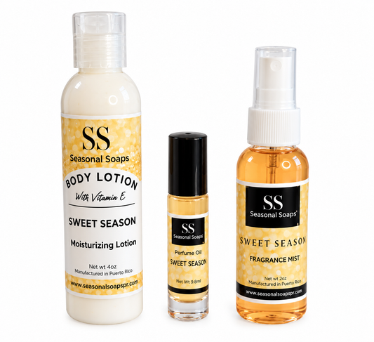 Sweet Season Kit 3 pcs women (Feromonas) Exclusivo de Seasonal Soaps Perfume en aceite, body splash y crema perfumada