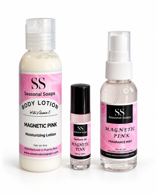 Magnetic Pink Kit 3pcs women (feromonas) Exclusivo de Seasonal Soaps Perfume en aceite, body splash y crema perfumada