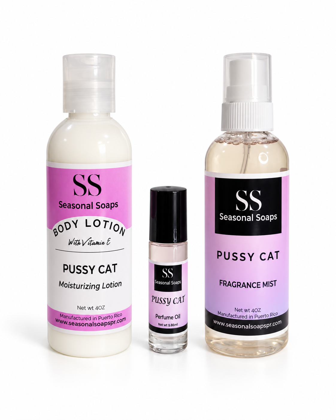 Pussy Cat  Kit 3pcs women  (Feromonas)Perfume en aceite, Body Splash y crema perfumada