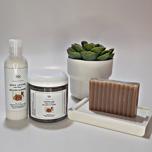 Golden Almond (jabón en barra, body lotion y exfoliante con jabón batido)