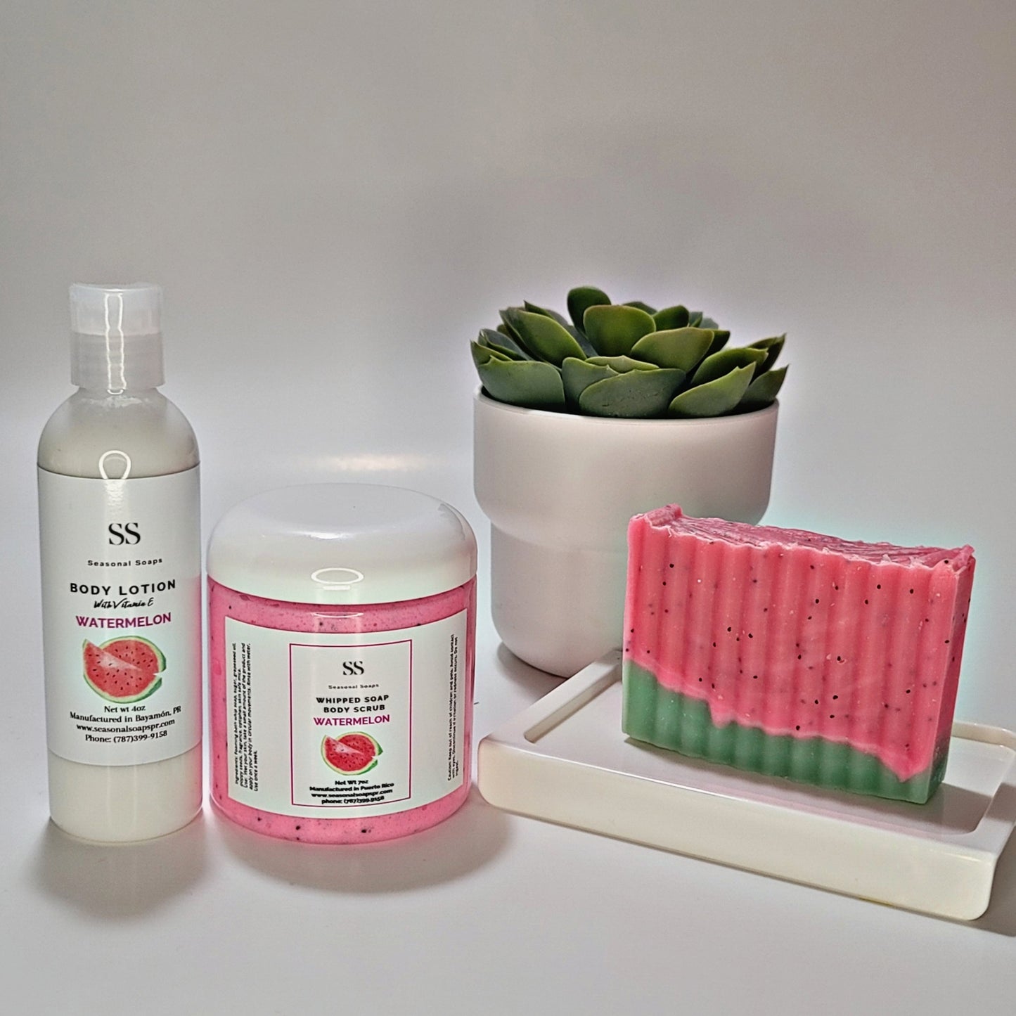 Kit de baño de 3 piezas de Melón (jabón en barra, body lotion y exfoliante con jabón batido)