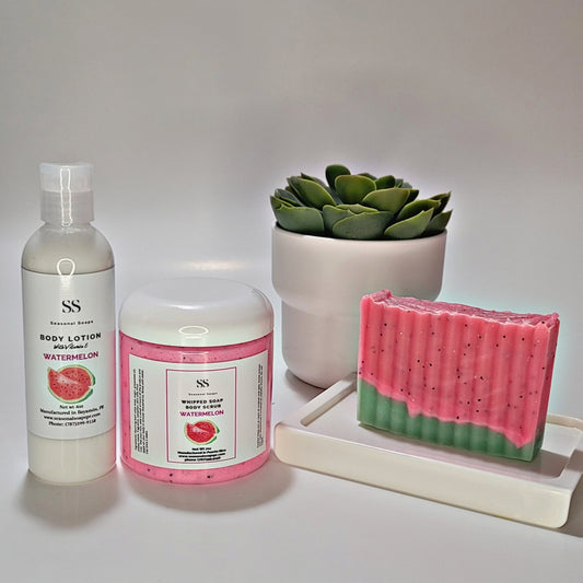 Kit de baño de 3 piezas de Melón (jabón en barra, body lotion y exfoliante con jabón batido)