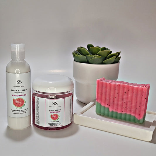 Watermelon Gift Set Kit de baño de 3 piezas de Melón (jabón en barra, body lotion y exfoliante en aceite de coco)