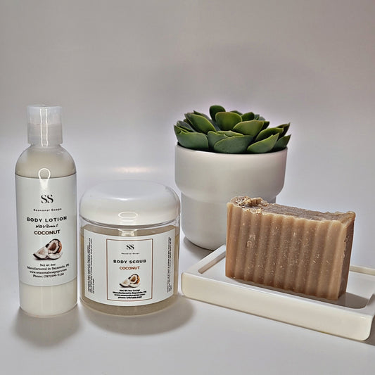 Coconut Bath Set (Jabón en barra, crema y body scrub en aceite)